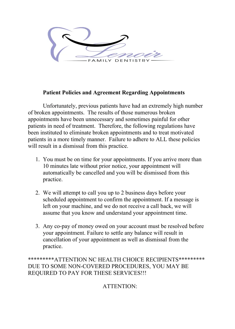 policy for broken appointments w logo Lenoir 1